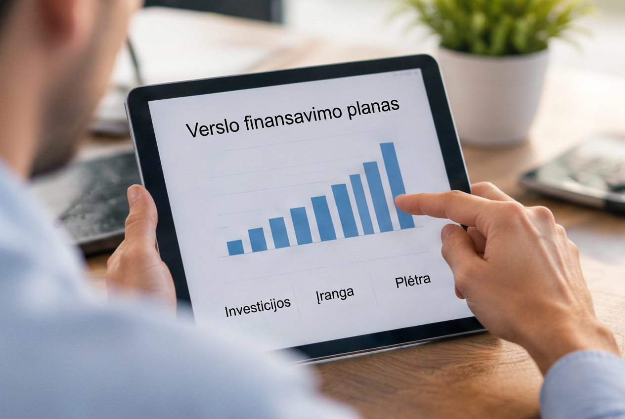 Planšetėje pateiktas verslo finansavimo planas be skaitinių rezultatų pažadų